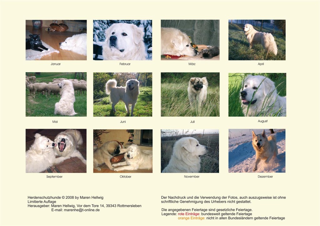 Kalender Herdenschutzhunde 2008 - Letzte Seite - Übersicht aller Bilder